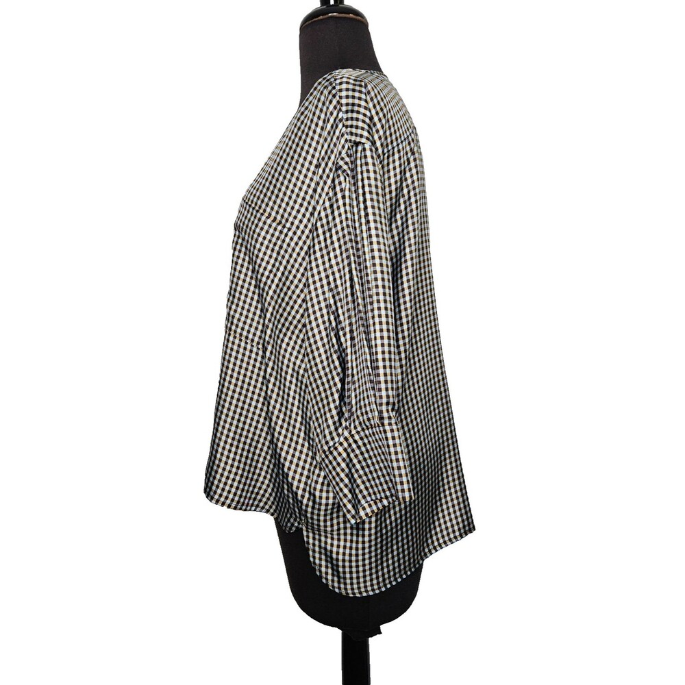 No. 6 Store 100% Silk Turin Top Blouse Large Gingham Check 3/4 Sleeve Button Up - Picture 5 of 9